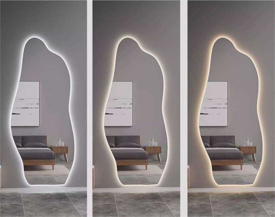 Unique Shaped Wall Mirror with color switch Sculpted Optiwhite Glass, Organic Shape, Handcrafted Elegance