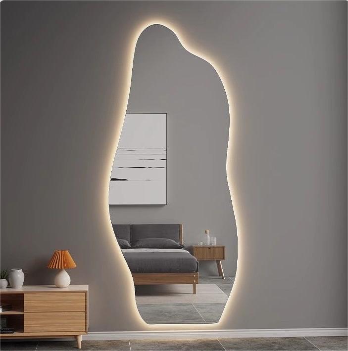 Unique Shaped Wall Mirror with color switch Sculpted Optiwhite Glass, Organic Shape, Handcrafted Elegance
