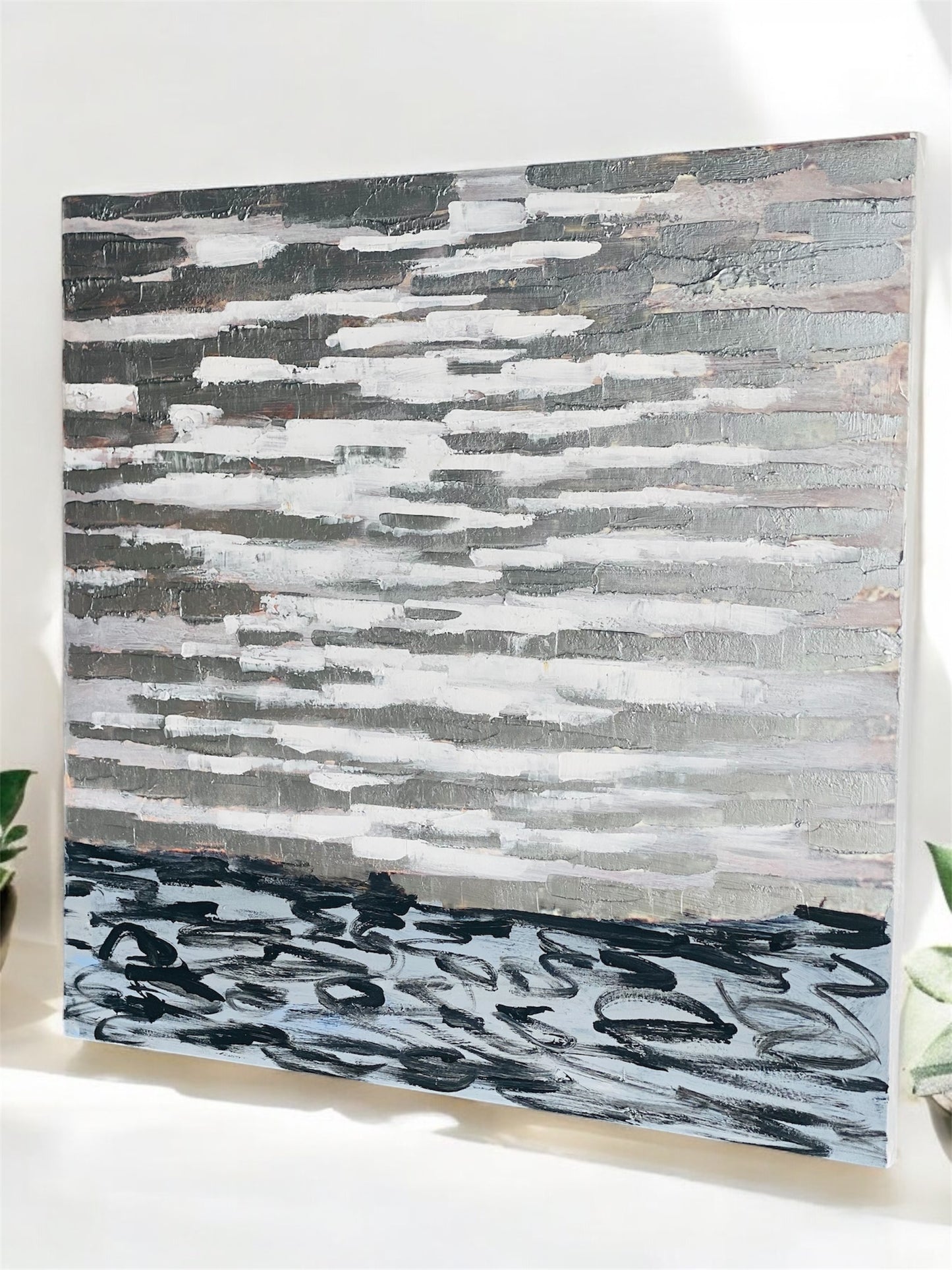 40" X 40" Abstract Art Modern Abstract Silver Foil