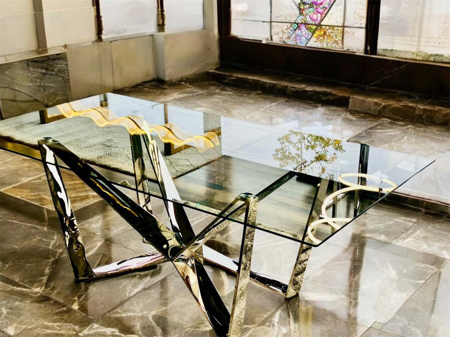 Stainless Dining Table with Glass Top