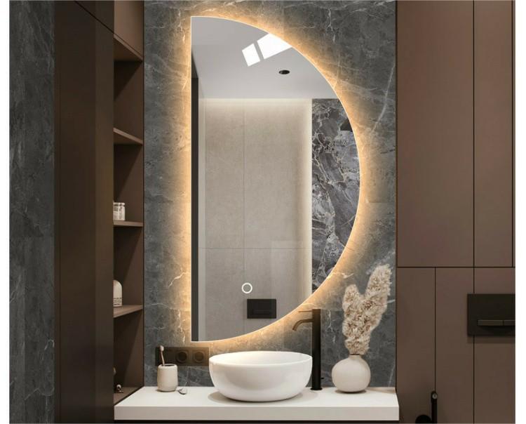 Frameless LED Half Moon Vanity Mirror, 3 Color Dimmable Bathroom Mirror, Anti-Fog Backlit Wall Mirror