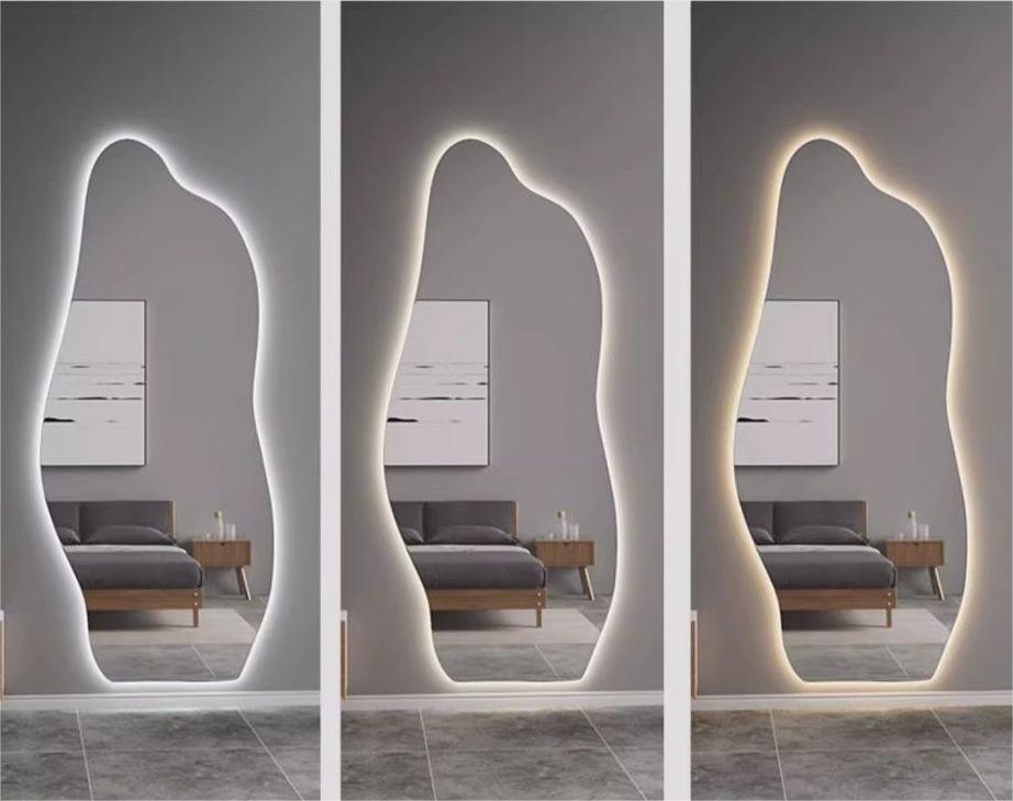 Unique Shaped Wall Mirror with  color switch Sculpted Optiwhite Glass, Organic Shape, Handcrafted Elegance