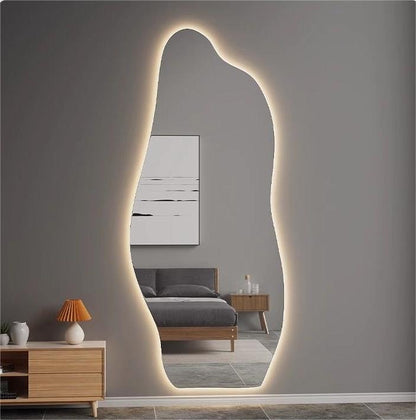 Unique Shaped Wall Mirror with  color switch Sculpted Optiwhite Glass, Organic Shape, Handcrafted Elegance