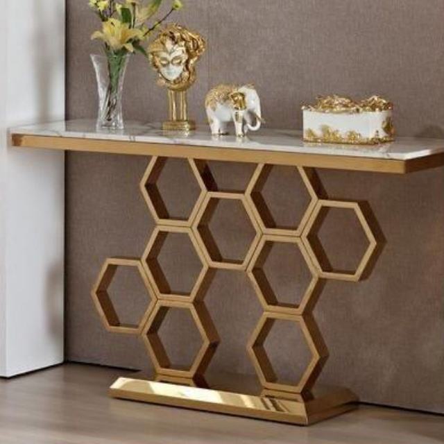 55 Inch Golden Console Table, Modern Faux Marble Veneer Entryway Table